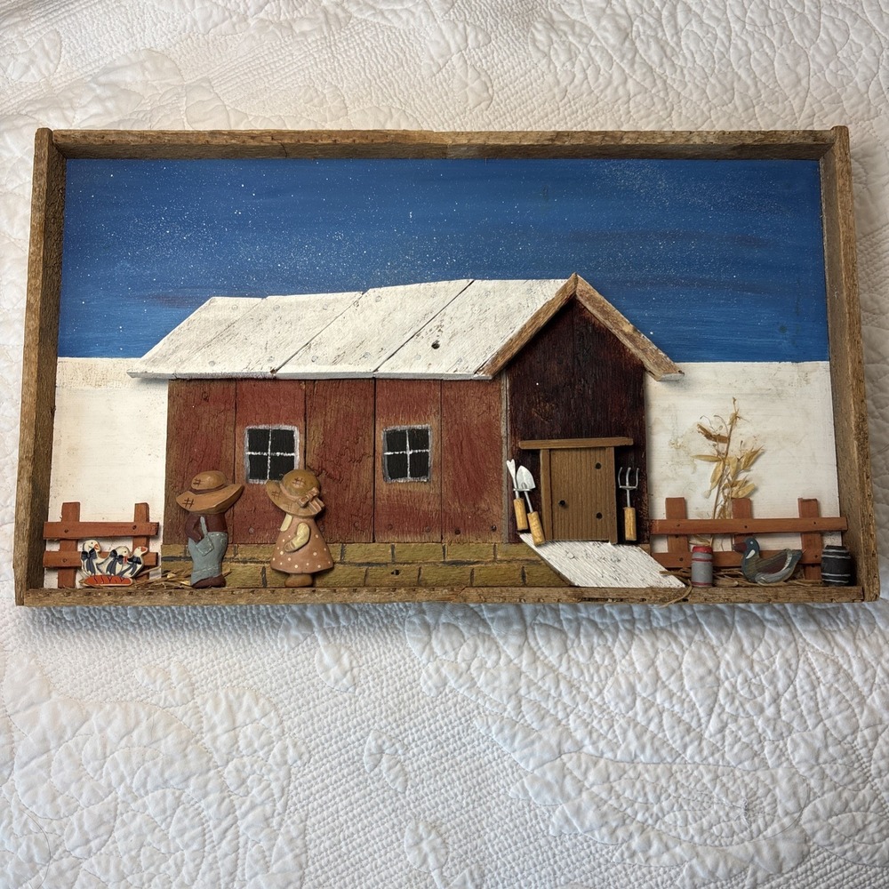 VTG Folk Art Cottagecore Wooden Diorama Wall Hanging Farm Barn Country Goose